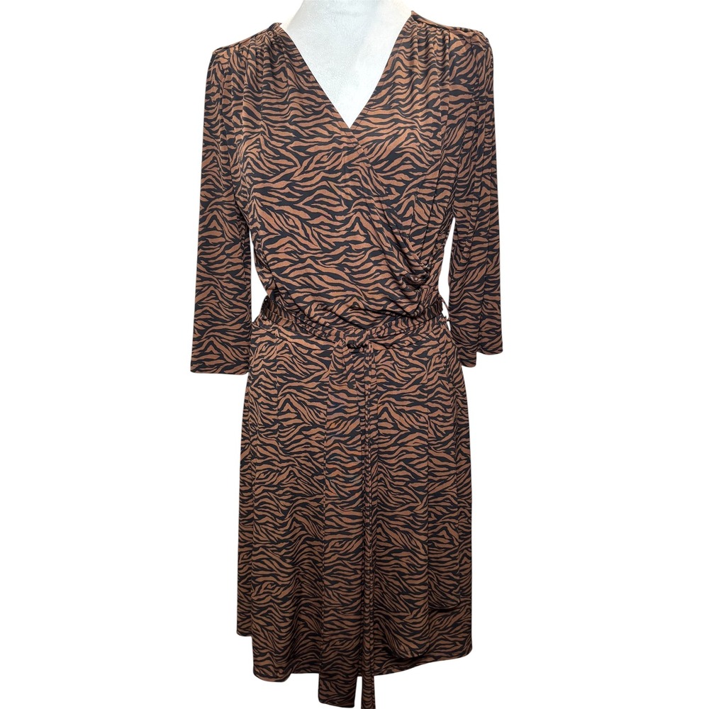 41 Hawthorn Zebra Print Faux Wrap Dress Size L Petite Brown Black Tie